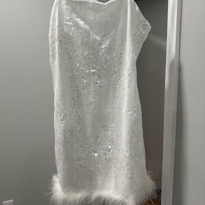 White Sequin Dress with Feather Trim